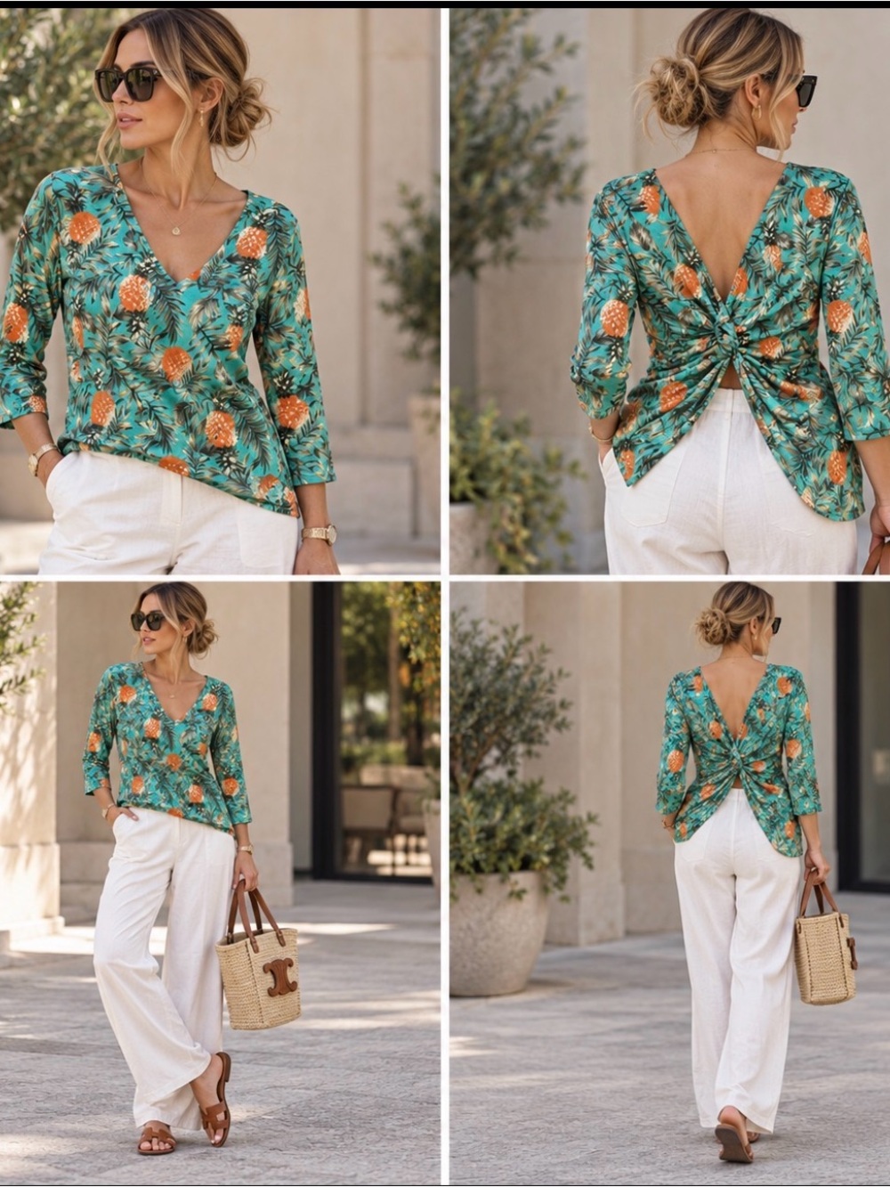 Pineapple Tropical Print Twist-Back V-Neck Top - Green szLarge CHIC NEW PriceFir
